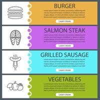 Barbecue web banner templates set. BBQ. Burger, salmon fish steak, grilled sausage, vegetables. Website color menu items with linear icons. Vector headers design concepts