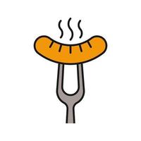 Grilled sausage on fork color icon. Bratwurst. Isolated vector illustration