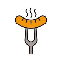 Grilled sausage on fork color icon. Bratwurst. Isolated vector illustration