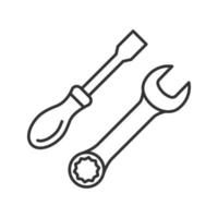 Screwdriver and spanner linear icon. Repair service. Thin line illustration. Auto workshop. Contour symbol. Vector isolated outline drawing