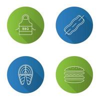 Barbecue flat linear long shadow icons set. BBQ. Apron, bacon on skewer, fish steak, burger. Vector outline illustration