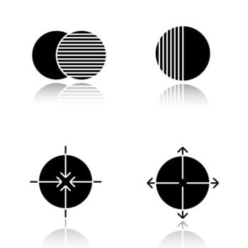 Abstract symbols drop shadow black icons set. Overlapping, half, aiming, expansion concepts. Isolated vector illustrations