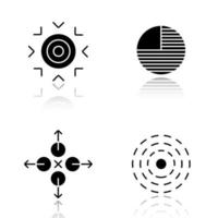 Abstract symbols drop shadow black icons set. Goal, part, directions, influence concepts. Isolated vector illustrations