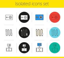 Action camera icons set. Linear, black and color styles. Mini USB cable, action camera to smartphone wireless connection. Isolated vector illustrations