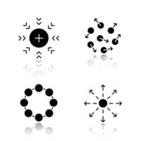 Abstract symbols drop shadow black icons set. Attraction, chaos, circle, spreading concepts. Isolated vector illustrations