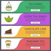 conjunto de plantillas de banner de té. hojas de té sueltas a granel, pastel de chocolate, vaso de papel para llevar. elementos del menú del sitio web. banner web en color. conceptos de diseño de encabezados vectoriales vector