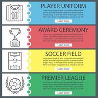 Soccer web banner templates set. Football player's uniform, ball in laurel wreath, field, winner's trophy. Website color menu items with linear icons. Vector headers design concepts