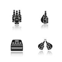 Beer drop shadow black icons set. Cheers, box, toasting hands with beer bottles. Isolated vector illustrations