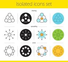 Abstract symbols icons set. Linear, black and color styles. Sharing, spreading, circle. Isolated vector illustrations