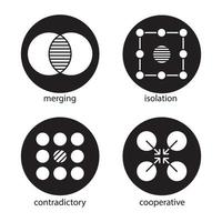 Conjunto de iconos de símbolos abstractos. fusión, aislamiento, conceptos contradictorios, cooperativos. ilustraciones de siluetas blancas vectoriales en círculos negros vector