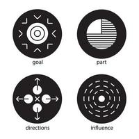 Abstract symbols icons set. Goal, part, directions, influence concepts. Vector white silhouettes illustrations in black circles