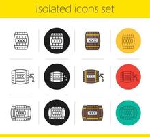 Alcohol wooden barrels icons set. Linear, black and color styles. Whiskey or rum barrels with tap, drop and xxx sign. Isolated vector illustrations