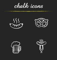 Beer snacks chalk icons set. Steaming sausage on fork, bratwurst, brezel, foamy beer glass. Isolated vector chalkboard illustrations