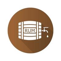 Rum wooden barrel. Flat design long shadow icon. Alcohol barrel with tap and drop. Vector silhouette symbol