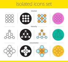 Abstract symbols icons set. Linear, black and color styles. Structure, hierarchy, concentration concepts. Isolated vector illustrations