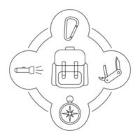 Tourist's backpack contents linear icons set. Compass, flashlight, carabiner, penknife. Isolated vector illustrations