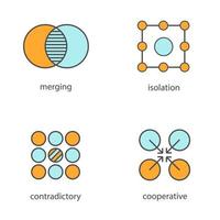 Conjunto de iconos de colores de símbolos abstractos. fusión, aislamiento, conceptos contradictorios, cooperativos. ilustraciones vectoriales aisladas vector