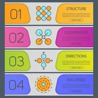 Abstract symbols banner templates set. Structure, cooperative, directions, influence. Website menu items. Color web banner. Vector headers design concepts