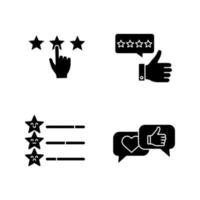 Rating glyph icons set. Review, five star, feedback scale, social media comments and likes. Silhouette symbols. Vector isolated illustration