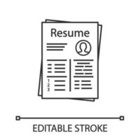 Resume linear icon. Thin line illustration. CV. Curriculum vitae. Personal information. Contour symbol. Vector isolated outline drawing. Editable stroke