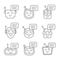 Chatbots messages linear icons set. Talkbots. Laughing virtual assistants. Conversational agents. Modern robots. Thin line contour symbols. Isolated vector outline illustrations. Editable stroke