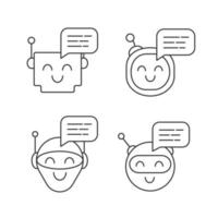 Chatbots messages linear icons set. Talkbots. Laughing virtual assistants. Conversational agents. Modern robots. Thin line contour symbols. Isolated vector outline illustrations. Editable stroke