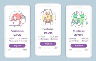 Entertainment onboarding mobile app screens with service prices. Walkthrough website pages templates. Pay to play. Video, computer games tariff plans. Subscription, membership payment web page layout vector