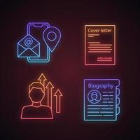 Resume neon light icons set. Contact information, cover letter, personnel file, personal growth. Glowing signs. Vector isolated illustrations