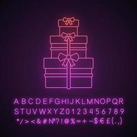 Gifts boxes neon light icon. Wedding, New Year, birthday presents. Holiday celebration. Glowing sign with alphabet, numbers and symbols. Vector isolated illustration