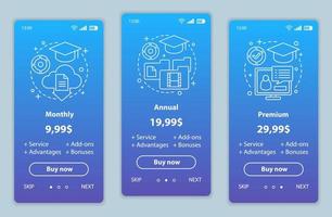 Precios de cursos en línea incorporando pantallas de aplicaciones móviles. tutorial de plantillas vectoriales de páginas web. Pasos del plan de tarifa premium mensual, anual. suscripción, pago de membresía diseño de página web de teléfono inteligente vector