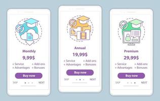 Precios de cursos en línea incorporando pantallas de aplicaciones móviles. tutorial de plantillas vectoriales de páginas web. Pasos del plan de tarifa premium mensual, anual. suscripción, pago de membresía diseño de página web de teléfono inteligente vector