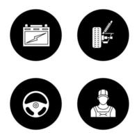 Auto workshop glyph icons set. Automotive battery, car suspension, rudder, repairman. Vector white silhouettes illustrations in black circles