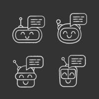 Chatbots messages chalk icons set. Talkbots. Laughing virtual assistants. Conversational agents. Modern robots. Isolated vector chalkboard illustrations