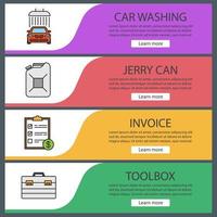 Auto workshop web banner templates set. Car washing, jerry can, invoice, toolbox. Website color menu items. Vector headers design concepts