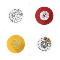 Disc brake with caliper icon. Flat design, linear and color styles. Isolated vector illustrations