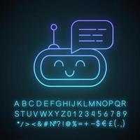 Chatbot message neon light icon. Talkbot. Laughing chat bot. Modern robot. Virtual assistant. Conversational agent. Glowing sign with alphabet, numbers and symbols. Vector isolated illustration