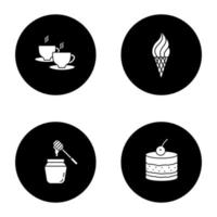 Condectionery glyph icons set. Coffee house menu. Hot drink, ice cream cone, honey jar, tiramisu. Vector white silhouettes illustrations in black circles