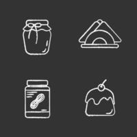Condectionery chalk icons set. Coffee house menu. Strawberry jam, table napkins, peanut butter, pudding. Isolated vector chalkboard illustrations