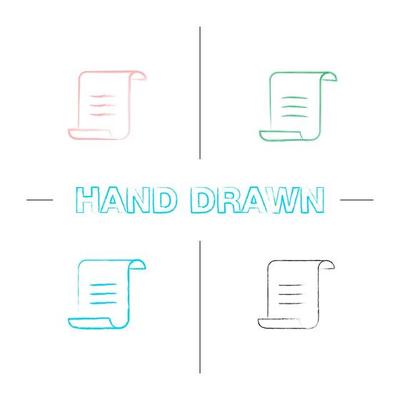 Paper scroll with text hand drawn icons set. Document, certificate. Color brush stroke. Isolated vector sketchy illustrations