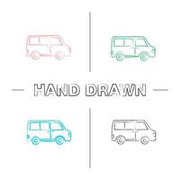 Minibus hand drawn icons set. Color brush stroke. Minivan. Family car. Isolated vector sketchy illustrations