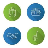 Public transport flat linear long shadow icons set. Modes of transport. Trolleybus, funicular, helicopter, self-balancing scooter. Vector outline illustration