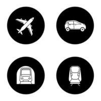 conjunto de iconos de glifo de transporte público. modos de transporte. avión, coche, transrapid, metro. ilustraciones de siluetas blancas vectoriales en círculos negros vector