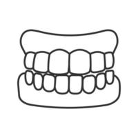 Dentures linear icon. False teeth. Thin line illustration. Human jaw with teeth model. Contour symbol. Vector isolated drawing