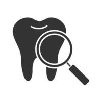 Teeth medical check glyph icon. Silhouette symbol. Tooth with magnifying glass. Negative space. Vector isolated illustration