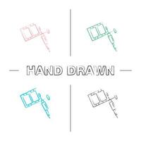 Tattoo machine hand drawn icons set. Color brush stroke. Tattoo gun. Isolated vector sketchy illustrations