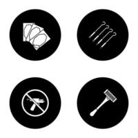 Tattoo studio glyph icons set. Piercing service. Medical plaster, tattoo needles, piercing gun prohibition, razor. Vector white silhouettes illustrations in black circles