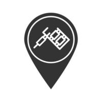 Tattoo studio location glyph icon. Silhouette symbol. Map pinpoint with tattoo machine. Negative space. Vector isolated illustration