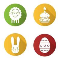 conjunto de iconos de larga sombra de diseño plano de Pascua. conejito de pascua, cordero, huevo y pastel con huevos y velas en un plato. ilustración de silueta de vector