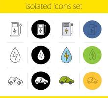 Eco energy icons set. Linear, black and color styles. Electric car, gas station, water energy. Isolated vector illustrations