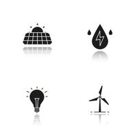 Eco energy drop shadow black icons set. Solar panels, windmill, water energy, light bulb. Isolated vector illustrations